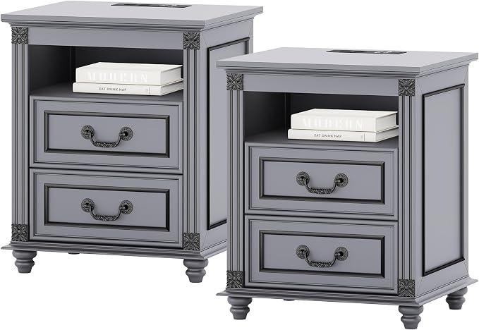 Nightstand Set of 2 with Charging Station, Night Stand with 3 Color LED Lights, Side Table with 2 Drawers Storage, Bedside EndTable with 4 Solid Wood Feet for Bedroom, Grey - Image 7