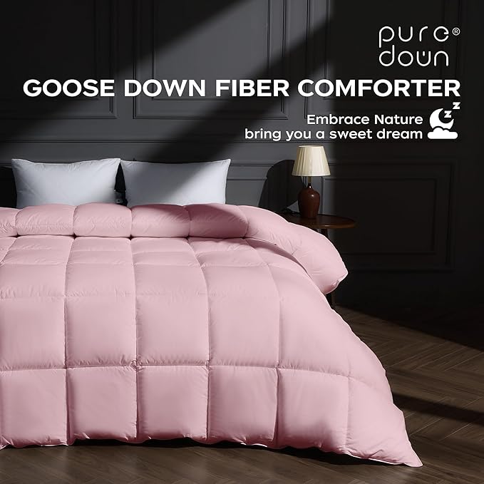 puredown® Goose Feather Comforter King Size, All Season Duvet Insert Medium Warmth, Cloud Soft Hotel Collection Comforters with Cotton Cover Pink 106"x90"