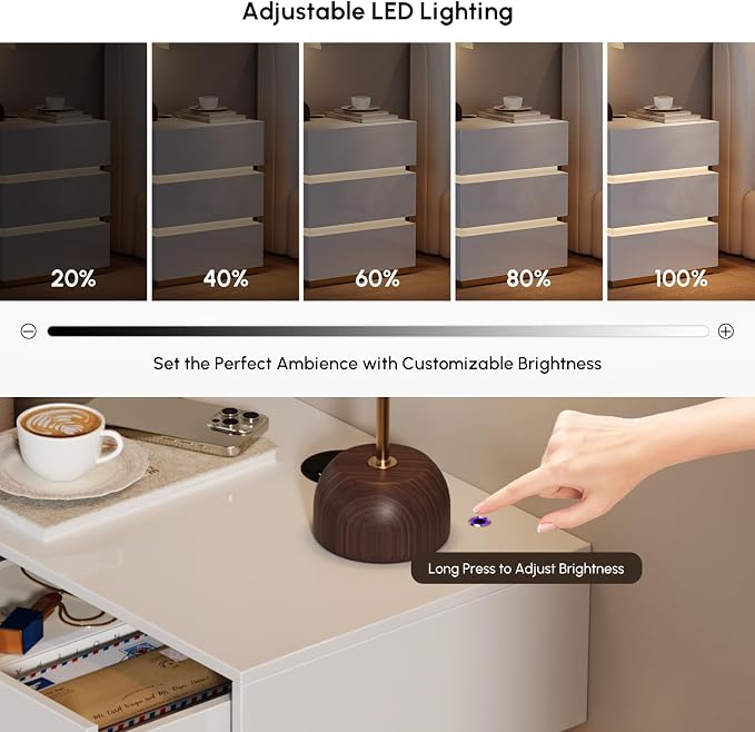 homary 3-Drawer LED Smart Nightstand with Wireless Charging, USB & Type-C Ports – Modern White Bedside Table with Storage and Adjustable Light, Bedroom Night Stand with Glossy Stainless Steel Base - Image 5