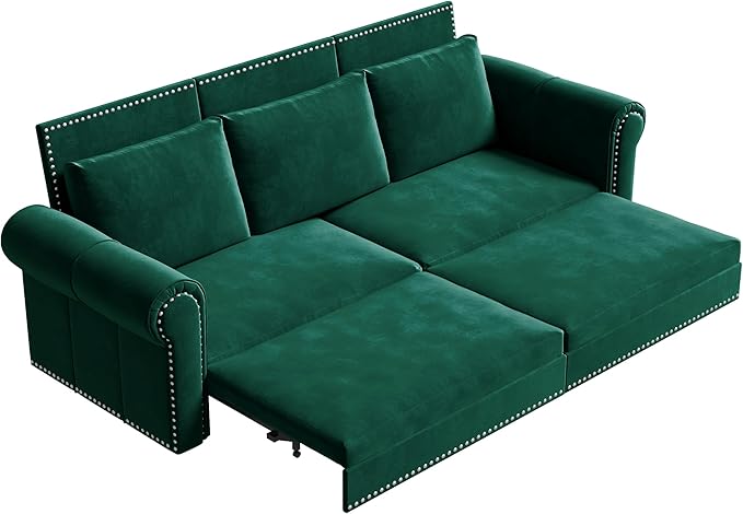 Eafurn 93.7" King Size Pull Out Sofa Bed, 3-in-1 Convertible Sleeper Sofa Couch Bed with Nailhead Decor and Rolled Arms, Velvet Oversized Chesterfield Loveseat Chaise Lounge