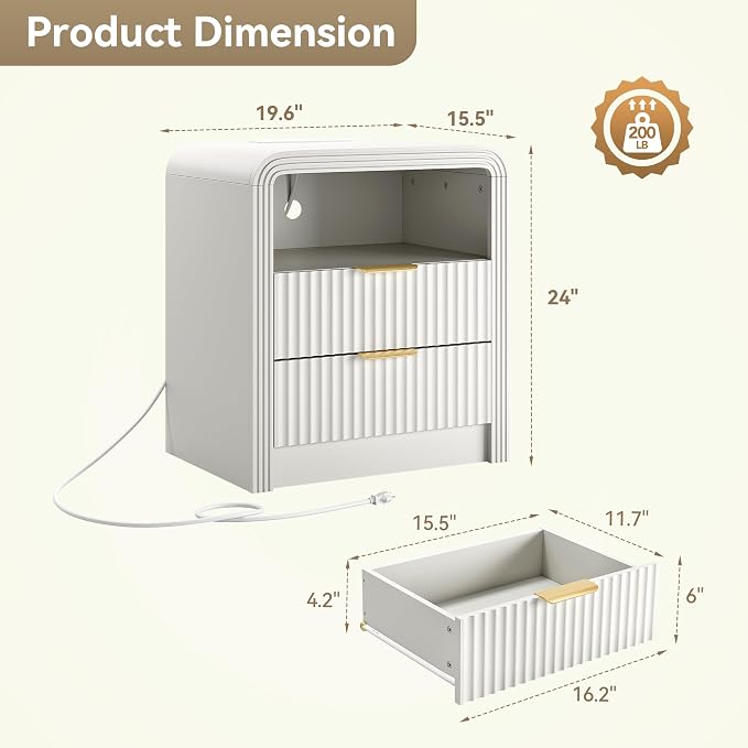 Fluted Nightstand Set of 2 with Charging Station, 19.7'' Wide Modern End Table with USB/Type-C Ports, 2 Drawers & Open Shelf, Curved Profile Design, Wood Bedside Table for Bedroom (White) - Image 3