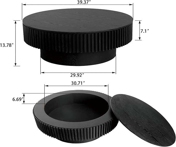 39'' Round Coffee Table with Storage, Modern Wooden Coffee Table with Solid Wood Veneered, Circle Center Table Accent Tea Table for Living Room Apartment Black