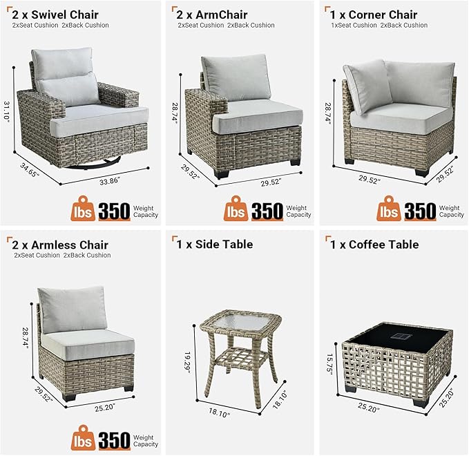 ovios 9 Piece Patio Sectional Furniture with Swivel Rocking Chairs, Rattan Wicker Coversation Set with Glowing Coffee Table, Outdoor Sofa Set for Outside Porch Balcony Backyard Pool,Light Grey