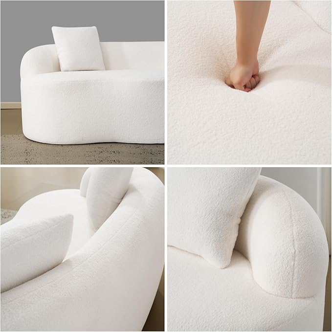 Curved Compression Sofa, Modern Loveseat Couch with Rounded Armrests & 2 Coordinating Pillows, 67'' Polyester 2 Seater Sofa for Small Living Room, Bedroom and Offices, No Assembly, White