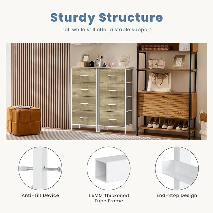 DUMOS Nightstand with 4 Drawers Bedside Table with Removable Fabric Bins Sturdy Steel Frame Wood Top Organizer Furniture for Bedroom Closet Living Room,Oak Greige - Image 5