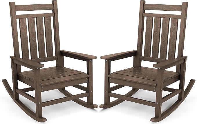 SERWALL Oversized Outdoor Rocking Chair Set of 2, HDPE Rocker for Adults, Patio Rocking Chairs for Porch, Coffee by SERWALL