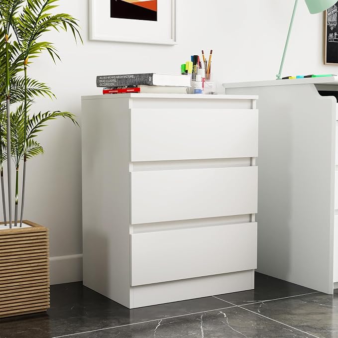 3 Drawer Nightstand Set of 2, Modern Bedside Table with Storage, Wooden End Side Tables with Drawers for Bedroom, Hallway, White - Image 6
