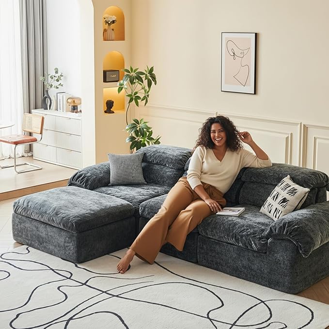 115.7" L Shaped Modular Sectional Sofa with Ottoman, Cloud Boneless Couch, Upholstered Sofa in a Box, Flexible Module Combination for Living Room, No Assembly, Grey