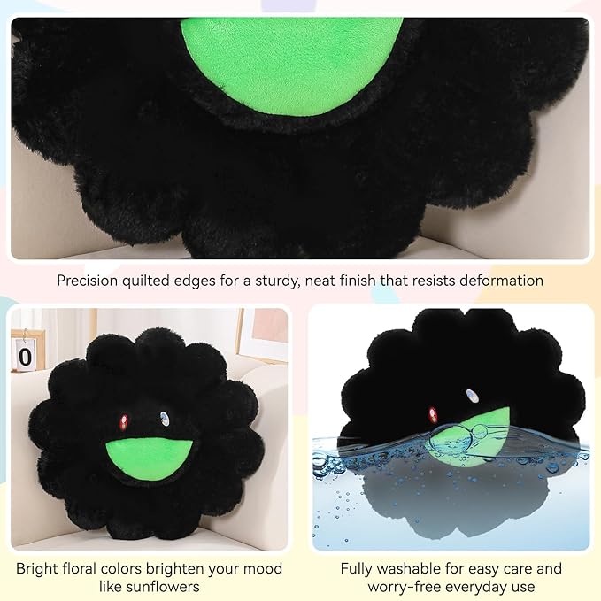 Flower Pillow,Colorful Flower Shaped Throw Pillow,Smiley Face Floor Cushions,Cute Sunflower Plush Pillows, Black Decorative Pillows for Bed,Couch,Sofa,Car (Black,15.7In)
