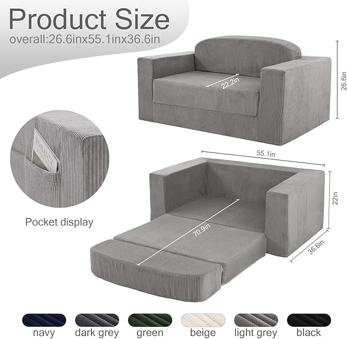 MeMoreCool Convertible Sofa Bed, Pull Out Loveseat Sleeper Sofa, Small Boneless Cloud Couch Bed for Adults, Fold Out Foam Love Seat, Corduroy Folding Floor Couch for Bedroom, Light Grey