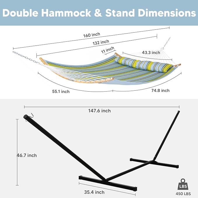 SUNCREAT Portable Outdoor Hammock with Stand Included, Double Hammock with Stand for Outside, Yellow Blue - Image 4