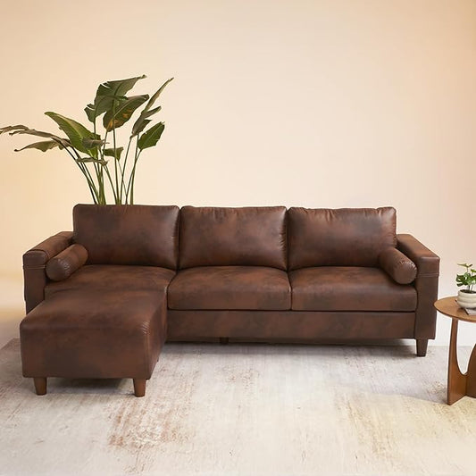 Vesgantti 100" L Shaped Faux Leather Couch with Movable Ottoman, 3 Seater PU Leather Sectional Sofa with Side Pocket, Mid Century Modern Modular Couch for Living Room, Bedroom, Chocolate