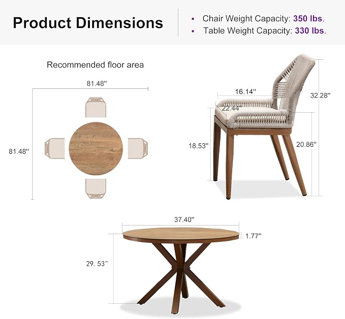 PURPLE LEAF 5 Pieces Round Dining Set Patio Aluminum Modern Round Table and Wicker Chairs with Cushions for Kitchen Porch Garden Outdoor Furniture Sets - Image 9