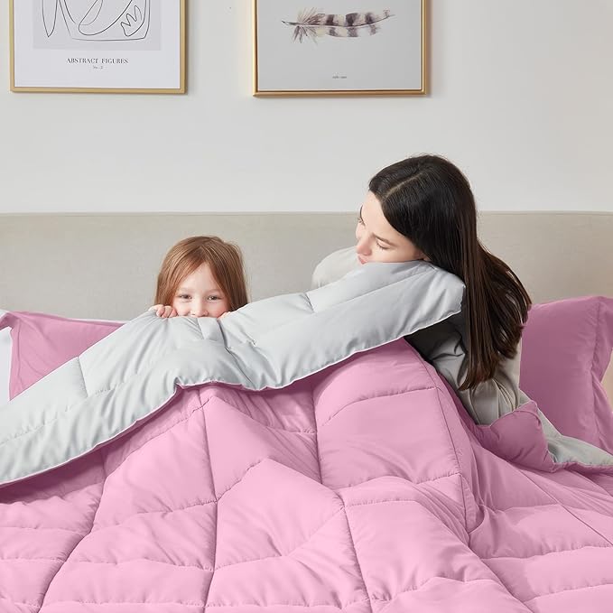 Nestl 3 Piece Quilted Down Alternative Comforter Full Size With 2 Pillow Shams - All Season Pink/Light Grey Duvet Insert With Corner Tabs