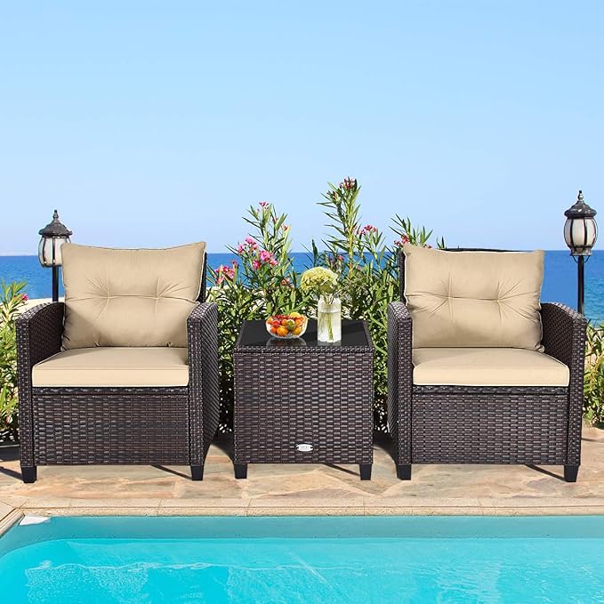 RELAX4LIFE 3 Piece Patio Furniture Set, Wicker Bistro Conversation Set w/ 2 Cushioned Armchairs & Glass Topped Table, Outdoor Rattan Sofa Set Patio Furniture for Porch Balcony Poolside (Beige)