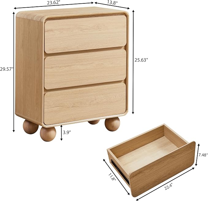 AVZEAR Wooden Night Stand wth 3 Drawer Dresser Mid Century Modern End Table Chest of Drawers, Solid Wood Legs & Curved Profile Design, Farmhouse Side Table for Living Room, Natural - Image 2