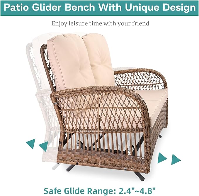 MEETWARM Outdoor Wicker Patio Glider Set, Loveseat for 2 Person Porch Furniture Glider with Glass-Top Coffee Table, Patio Glider Rocking Bench with Thickened Cushions, Brown
