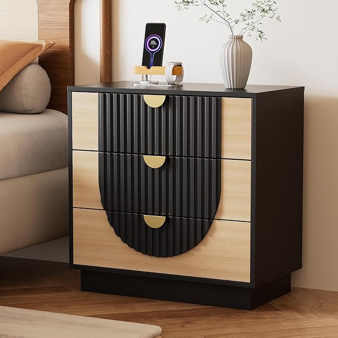 3 Drawer Nightstand with Charging Station,28" Fluted Night Stand & Modern Bedside Table, Wood End Table Storage Cabinet for Bedroom Hallway, Entryway,Black Set of 2 - Image 9