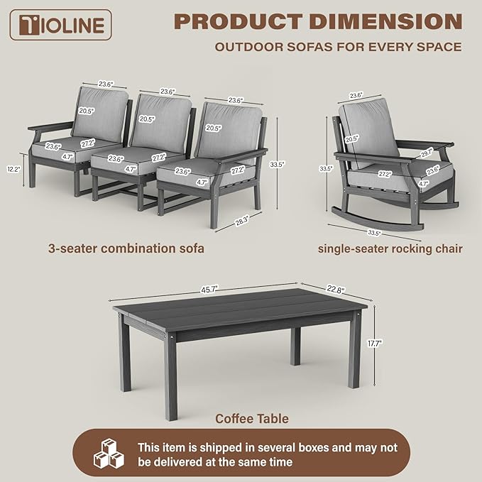 HDPE Patio Conversation Set, 6-Piece All Weather Outdoor Furniture Set with 2 Single Rocking Armchairs for Deck, Lawn, with Cushion, Gray