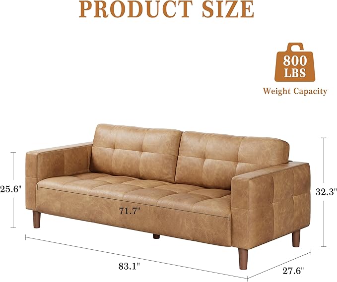 GarveeHome 3-Seater Sofa Couch, 83 in Wide Faux Leather Sofa Couch with Spring Cushion, Modern Sofa with Deep Seats and 2 Removable Back Cushions, for Living Room, Bedroom, Apartment, Office, Brown