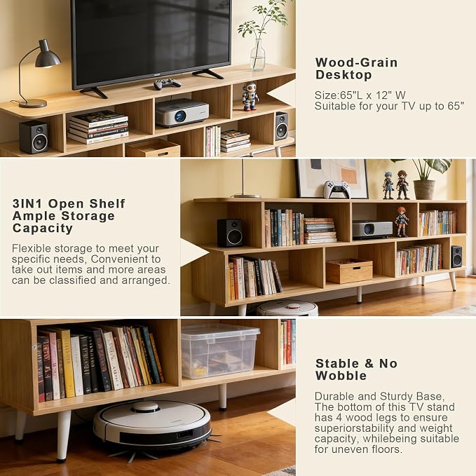 Lightdot 65" TV Stand Fits TVs Up to 75 Inch, Modern Entertainment Center with Power Outlet & Open Storage Shelves, Sofa Cabinet Media Console, Easy Assembly TV Table for Living Room,Bedroom,Walnut - Image 8