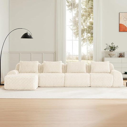 146" L-Shaped Compressed Sectional Cloud Sofa, Flannel Upholstered Modular Deep Seat Sofa with 5 Pieces, Modern Floor Boneless Foam Modular Cloud Couches for Living Room