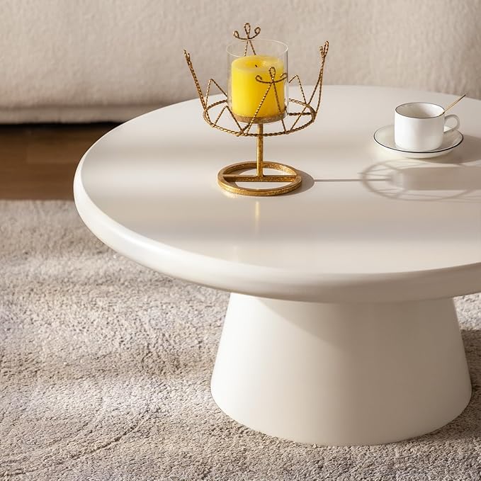 Cream White Nesting Coffee Table Set Triangle Coffee Tables and Round Tempered Glass Side Table 2 in 1 Modern Center Tables Low Tables Sets for Living Room, Bedroom Easy Assemble (Round 31.5")