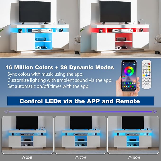 HOMMPA LED TV Stand for 55/50/43/40/32 inch TV Modern Entertainment Center with Power Outlets, Gaming Console Storage Media Table with LED Lights Game Cabinet for Living Room White - Image 3