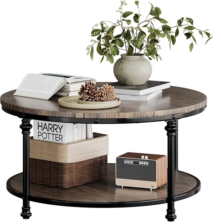 Garvee Round Coffee Table, 2 Tier Center Table with Storage for Living Room, 30.5 x 18 in, Wood Center Table for Living Room, Apartment, Easy to Assemble