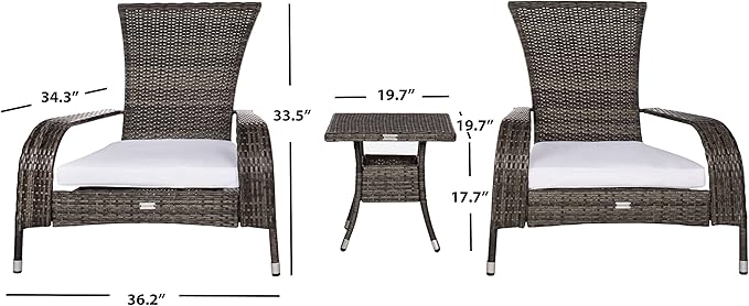 SAFAVIEH Outdoor Patio Furniture Collection Edna 3-Piece Lounge Set with Grey Brown Faux Rattan Armchairs, Cushions & Side Table, Conversation Seating (PAT7719C)