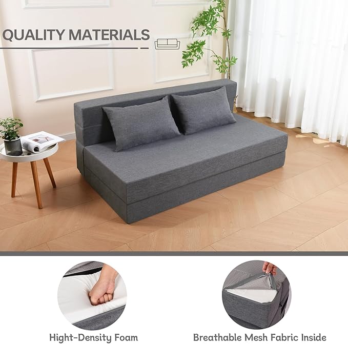 Folding Sofa Bed, Foldable Bed Sleeper Chair with Removable Washable Cover, Convertible Fold Out Couch with Pillow, Futon Couch for Living Room, Dorm, Guest Room, Queen Size, Light Grey