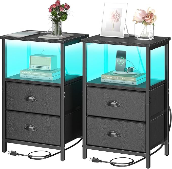 sthmec Nightstand with Charging Station, LED Night Stand Set 2, Bedside Table End Table Set of 2, Bedroom Table with 2 Fabric Drawers PU Finish, 3-Tier Storage Side Table for Bedroom,Black by Unknown