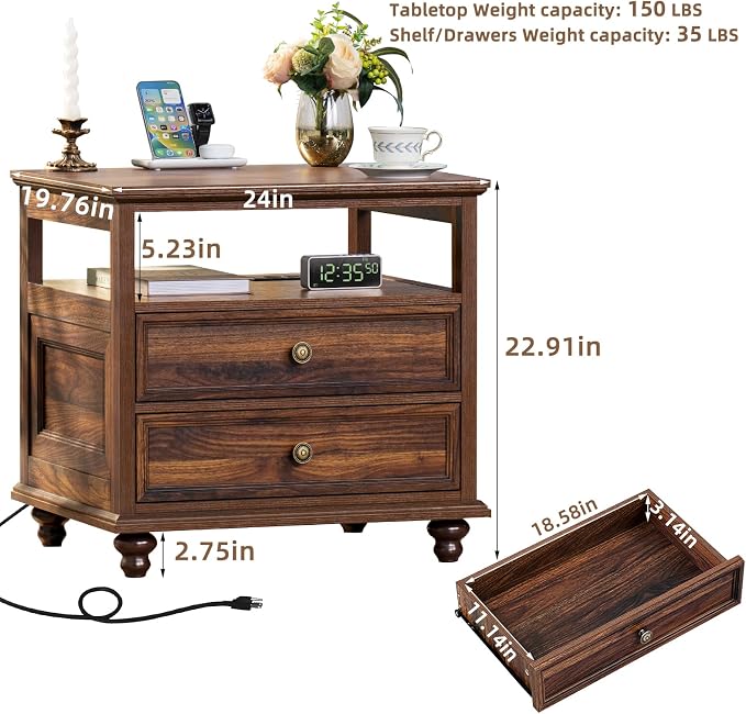 Joaxswe Farmhouse Nightstand with Charging Station, 24" Wide End Table with 2 Drawers,Brown Dresser for Bedroom, Bed Side Table Chest of Drawers Cabinet,Wood Night Stand for Living Room, Closet - Image 2