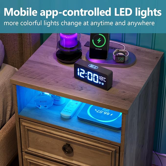 LGHM Set of 2 Nightstand with Charger Station Strip Lights, Large Night Stand with 2 Drawers,17.7" W Accent Bed Side Table and End Table with Large Open Compartment for Bedroom, Living Room,Gray - Image 7