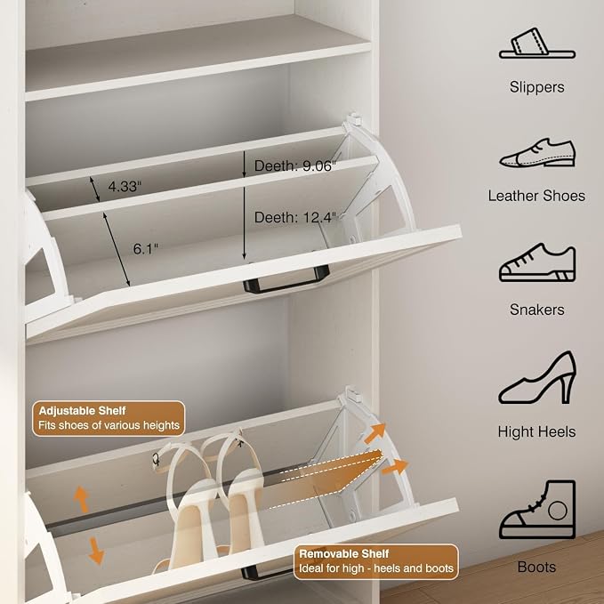 Shoe Storage Cabinet with 2 Flip Drawers, 24" W Farmhouse Modern Hidden Shoes Rack Cabinet with Adjustable Shelves & Open Storage, Narrow Slim Shoe Organizer for Entryway, Hallway, Antique White - Image 3