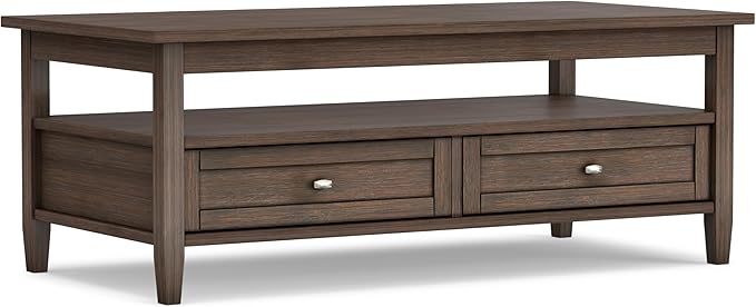 SIMPLIHOME Warm Shaker Coffee Table - 48 inch Wide Solid Wood Coffee Table in Farmhouse Brown, Transitional Living Room Table with 2 Drawers, Open Shelf, Shaker Fronts and Tapered Legs