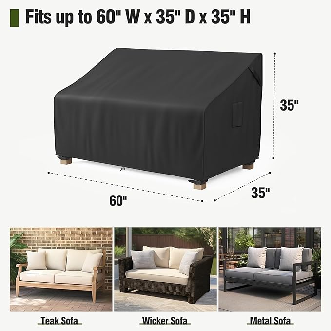MR. COVER 2-Seater Patio Loveseat Cover, Patio Furniture Covers Waterproof for Sofa, Heavy Duty Outdoor Couch Covers with Air Vent and Handles, Durable Anti UV and Fits up to 60"W x 35"D x 35"H, Black - Image 2