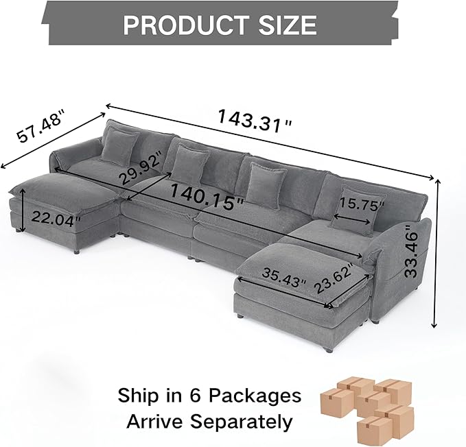143-Inch U-Shaped Sectional Cloud Sofa Oversized Modular 6 Seaters Sofa Couch with 2 Ottoman Chaise and Pillow Armrest, Chenille Upholstered Convertible Cloud Couch