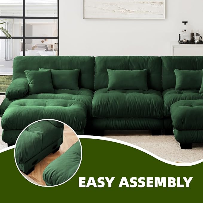 133.8" U-Shaped Cloud Couch, Oversized Modular Sectional Sofa, Deep Seat Cloud Boneless Couch, 3-Seat Modular Sectional Sofa with 2 Ottoman or Living Room,Bedroom and Apartment, Green