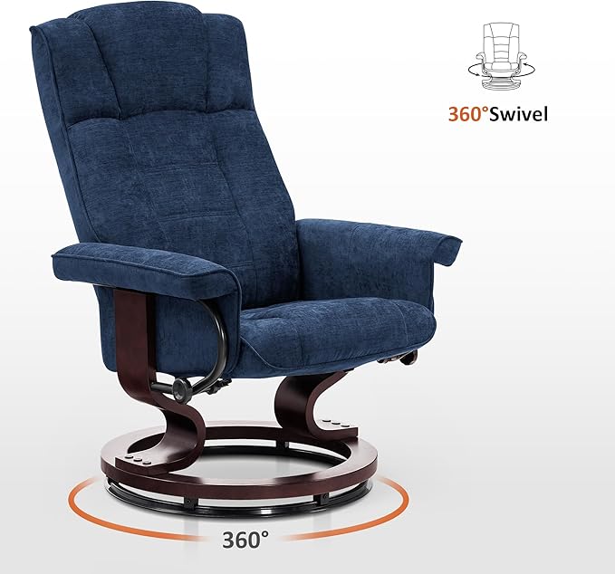 MCombo Manual Swivel Recliner with Ottoman, Chair Ottoman Set for RV Small Spaces, Living Room, Bedroom, Office 4919 (Chenille, Blue)