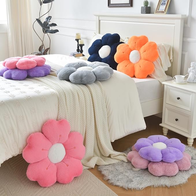 Flower Pillow, Flower Shaped Pillow Decorative Throw Pillows for Bed Couch, Cute Daisy Pillow Dorm Decor Floor Seating Cushion (Grey Pink, 19.6 Inches)