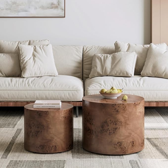 Round Nesting Coffee Table Set of 2,Modern Wooden Circle Burl Accent Tables for Small Spaces Living Room Bedroom Balcony Office(Dark Brown,19"+15")