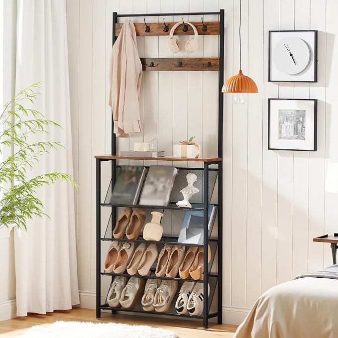 HOOBRO Hall Tree with Bench, Narrow Shoe Rack with Coat Rack, Coat Rack with Shoe Storage, 5 Tier Slanted Shoe Storage Organizer, Coat and Shoe Rack Entryway, Slim Hall Tree, Rustic Brown BF20MT01 - Image 7