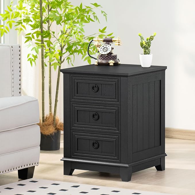 Joaxswe Farmhouse Night Stand Set of 2, 18" End Table with 3 Drawer Metal Handle, Dresser for Bedroom, Sofa Bed Side Table Chest of Drawers,Wood Nightstand Cabinet for Organizer, Living Room-Black - Image 8