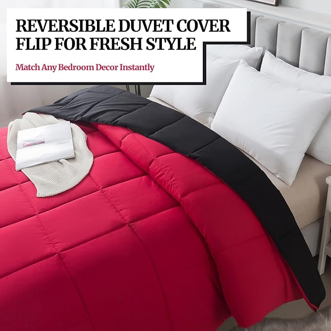 Down Alternative Bedding Comforter King Size - All-Season Soft Reversible Microfiber Bedding Comforter- Lightweight & Machine Washable (Black/Bright Red, King (U.S. Standard))