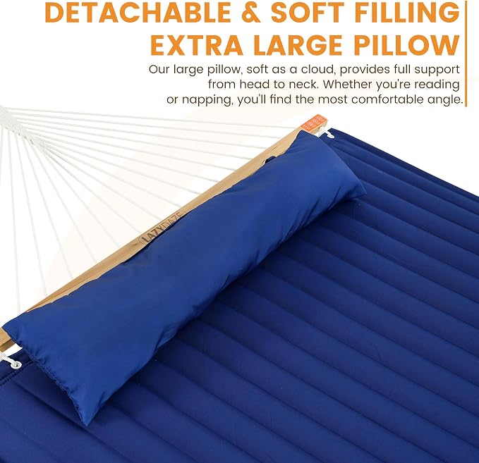 Lazy Daze Hammocks 2 Person Double Quilted Fabric Hammock with Spreader Bar, Detachable Pillow, Side Pocket, Carabiners, Chains, Straps for Outdoor, 450lbs Capacity, Navy Blue - Image 3