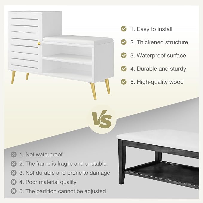 VECELO Shoe Storage Bench with Door&Shelf, Entryway Bench with Seat Cushion, for Hallway, Bedroom, Living Room, L-Shaped, White - Image 6