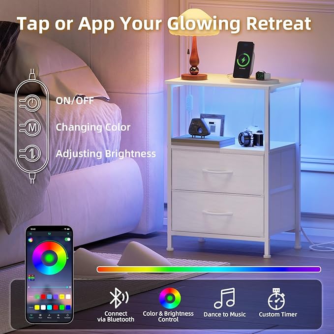 Somdot Nightstands Set of 2,End Tables with Charging Station and LED Lights,Night Stand with 2 Fabric Drawers, End Table with Open Shelf, Small Nightstand for Bedroom, White Leather - Image 4