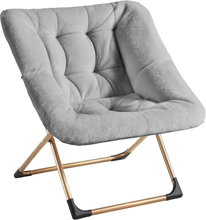 Youtanic Comfy Oversized Saucer Chair, Soft Faux Fur Reading Lounge Chair for Adults, Stable X-Large Metal Frame and Non-Slip Pad, Foldable Cozy Chairs for Bedroom, Living Room, Dorm, Light Gray
