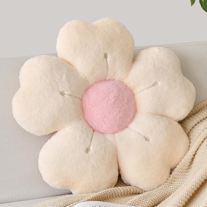 Flower Shaped Pillow, Cute Decorative Throw Pillows with Soft Rabbit Fur for Couch Bed Chair Floor, Christmas Pillow Seating Cushions with Room D??cor for Bedroom Living Room(19.6 Inches, Beige)